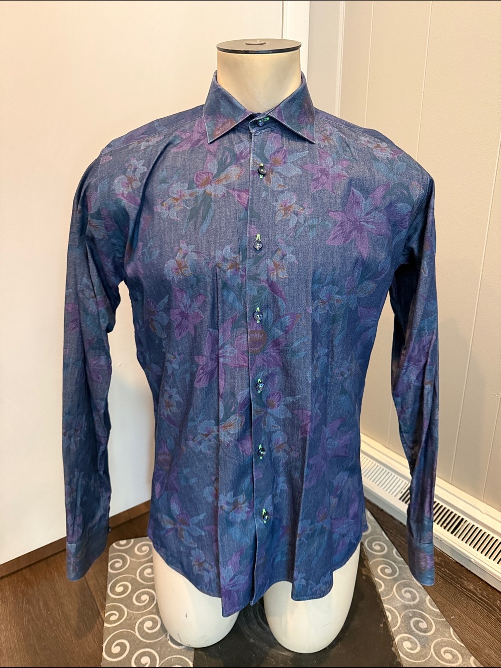 Jared Lang Men’s Medium Blue and Purple Floral Button-Down Shirt